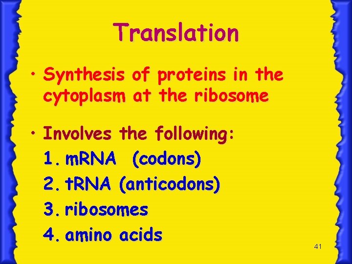 Translation • Synthesis of cytoplasm at proteins in the ribosome • Involves the following: