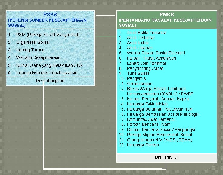 PSKS PMKS (POTENSI SUMBER KESEJAHTERAAN SOSIAL) (PENYANDANG MASALAH KESEJAHTERAAN SOSIAL) 1. PSM (Pekerja Sosial