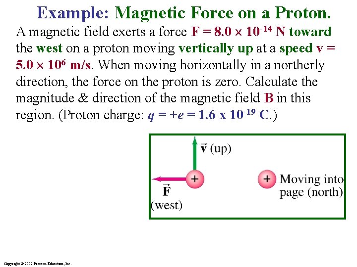 Example: Magnetic Force on a Proton. A magnetic field exerts a force F =