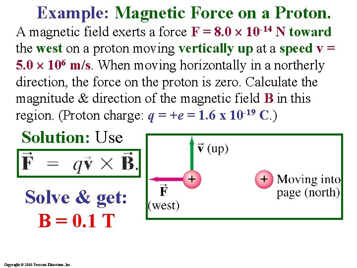 Example: Magnetic Force on a Proton. A magnetic field exerts a force F =