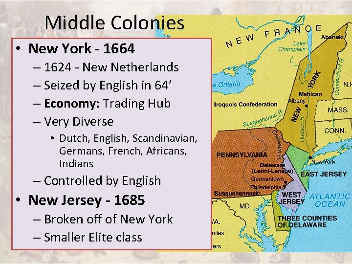 Middle Colonies • New York - 1664 – 1624 - New Netherlands – Seized