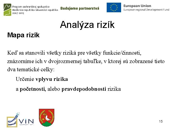 Analýza rizík Mapa rizík Keď sa stanovili všetky riziká pre všetky funkcie/činnosti, znázorníme ich