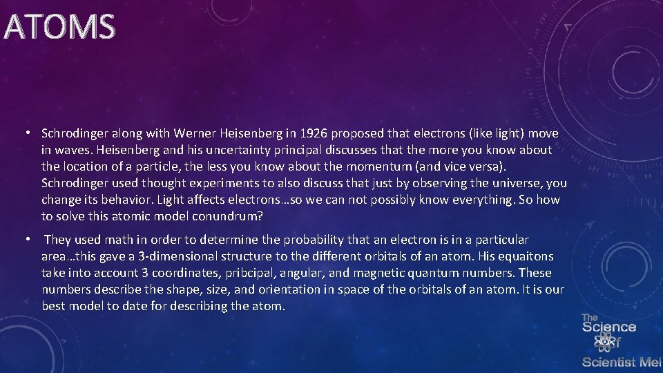 ATOMS • Schrodinger along with Werner Heisenberg in 1926 proposed that electrons (like light)