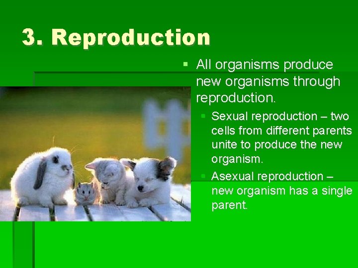 3. Reproduction All organisms produce new organisms through reproduction. Sexual reproduction – two cells