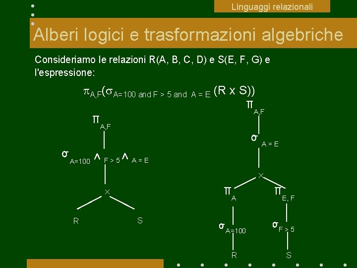 Linguaggi relazionali Alberi logici e trasformazioni algebriche Consideriamo le relazioni R(A, B, C, D)