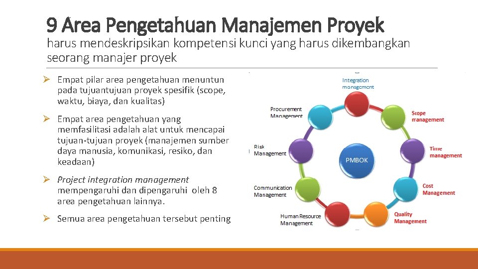 9 Area Pengetahuan Manajemen Proyek harus mendeskripsikan kompetensi kunci yang harus dikembangkan seorang manajer