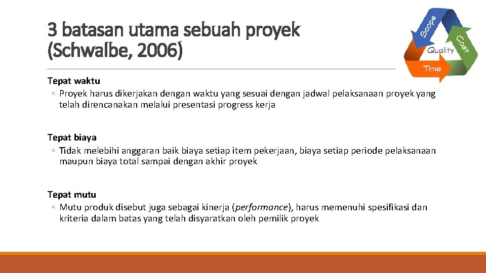 3 batasan utama sebuah proyek (Schwalbe, 2006) Tepat waktu ◦ Proyek harus dikerjakan dengan