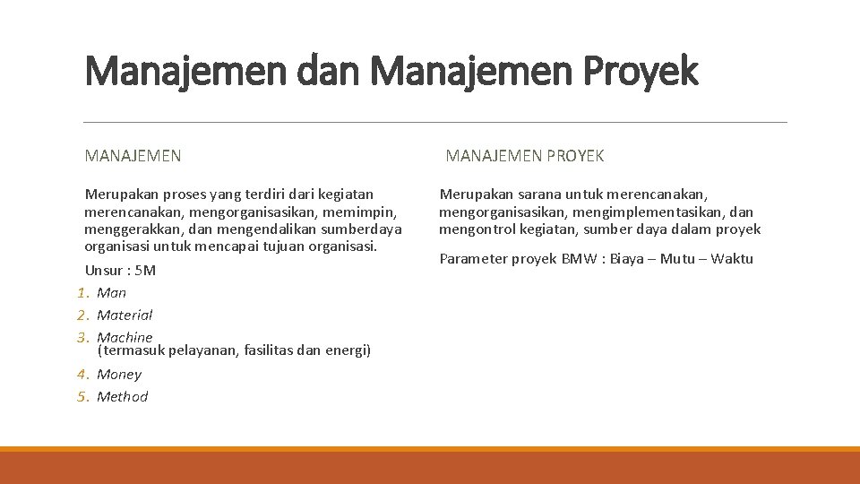 Manajemen dan Manajemen Proyek MANAJEMEN Merupakan proses yang terdiri dari kegiatan merencanakan, mengorganisasikan, memimpin,