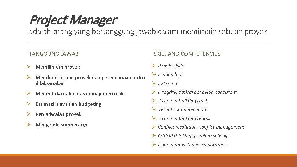 Project Manager adalah orang yang bertanggung jawab dalam memimpin sebuah proyek TANGGUNG JAWAB Ø