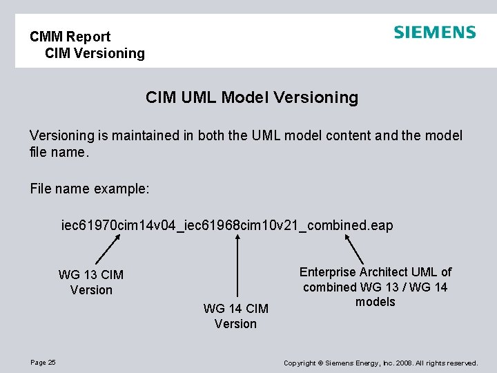 CMM Report CIM Versioning CIM UML Model Versioning is maintained in both the UML