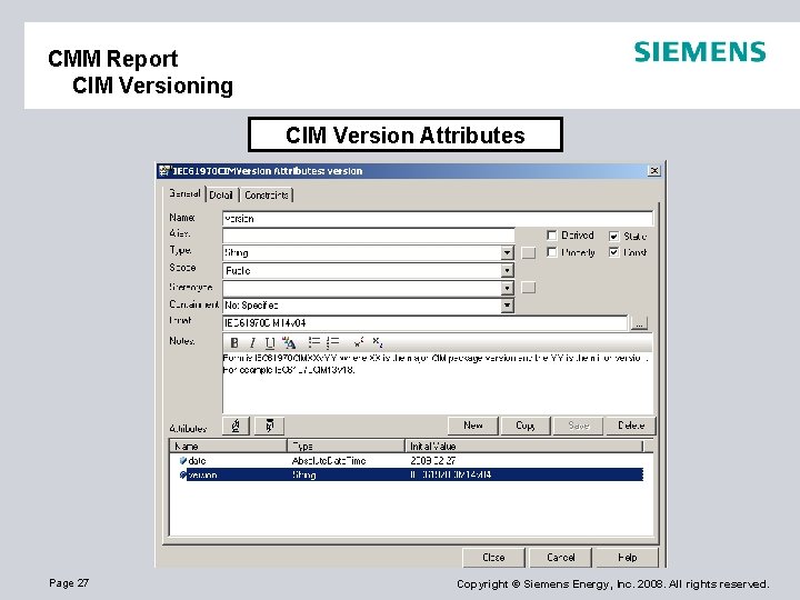 CMM Report CIM Versioning CIM Version Attributes Page 27 Copyright © Siemens Energy, Inc.