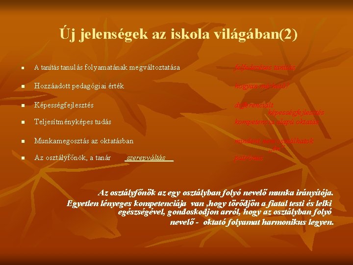 Új jelenségek az iskola világában(2) n A tanítás tanulás folyamatának megváltoztatása felfedezéses tanítás n