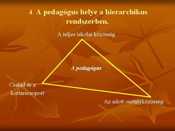 4. A pedagógus helye a hierarchikus rendszerben. A teljes iskolai közösség A pedagógus Család