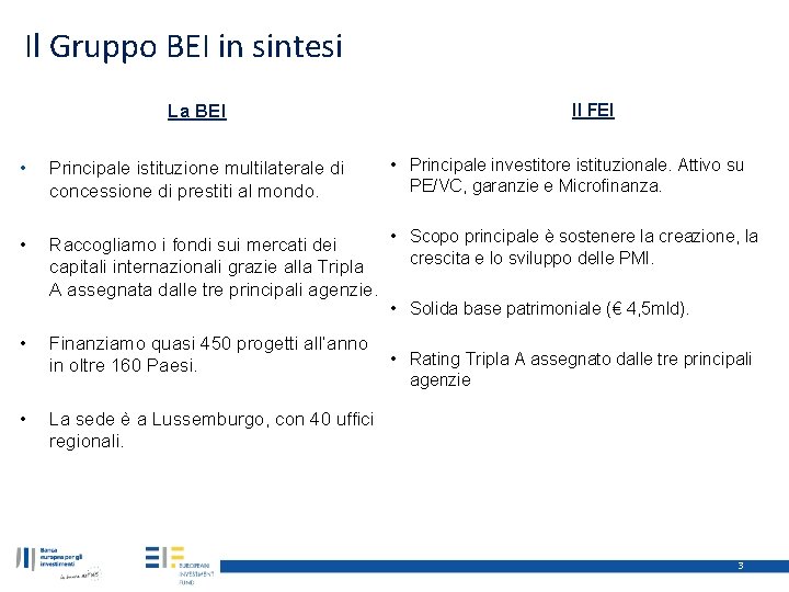 Il Gruppo BEI in sintesi La BEI Il FEI • Principale investitore istituzionale. Attivo