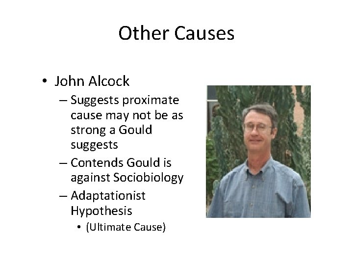 Other Causes • John Alcock – Suggests proximate cause may not be as strong