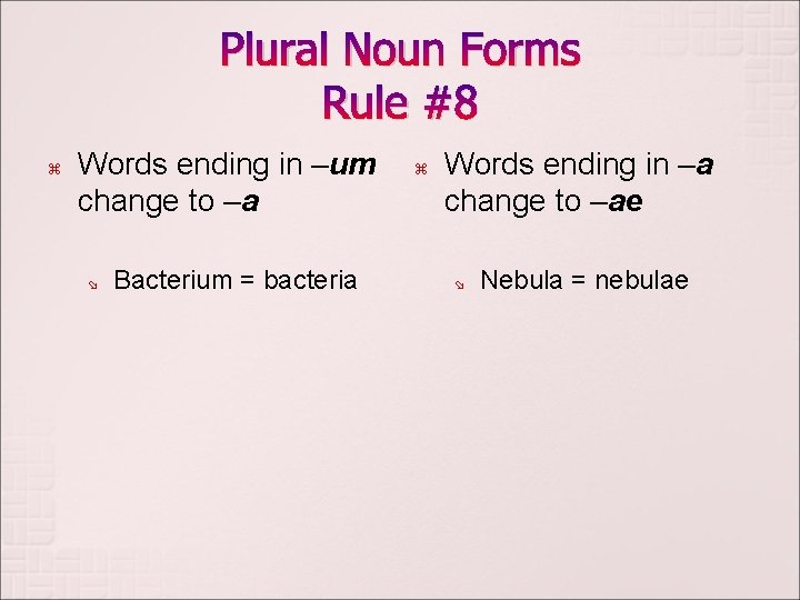 Plural Noun Forms Rule #8 z Words ending in –um change to –a ø