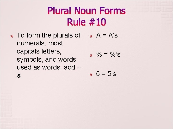 Plural Noun Forms Rule #10 z To form the plurals of numerals, most capitals