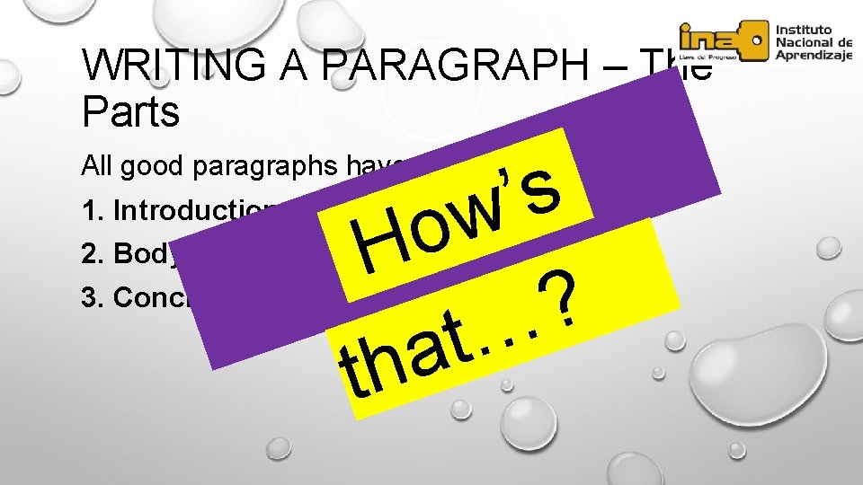WRITING A PARAGRAPH – The Parts s ’ w o H ? ? …