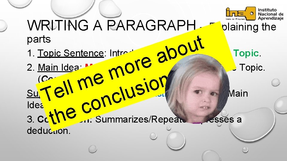 WRITING A PARAGRAPH – Explaining the t u 1. Topic Sentence: Introduces or announces