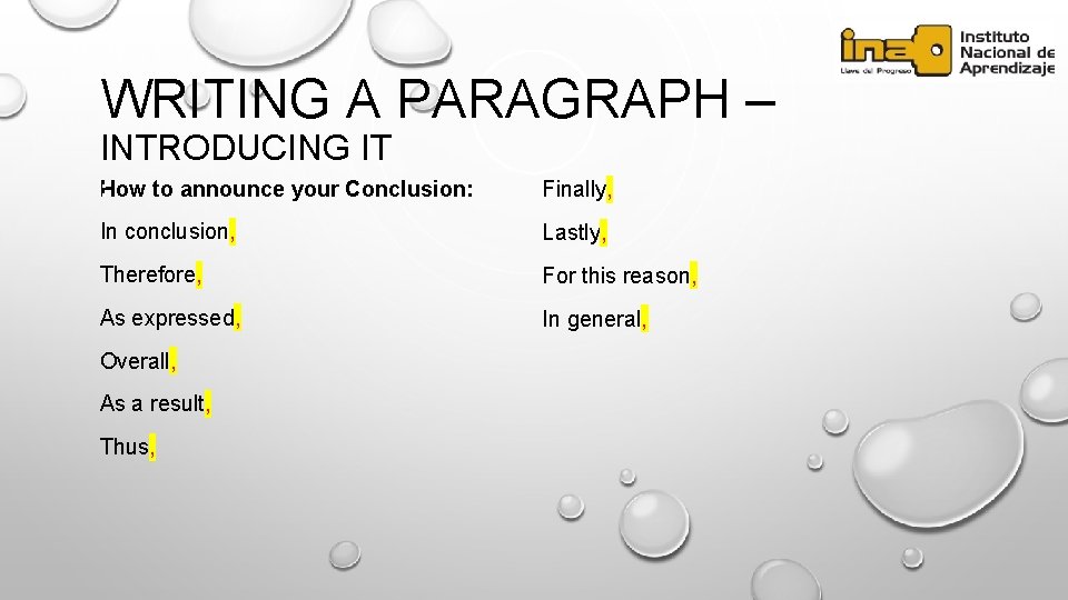 WRITING A PARAGRAPH – INTRODUCING IT : How to announce your Conclusion: Finally, Finally