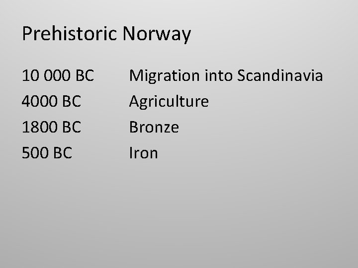 Prehistoric Norway 10 000 BC 4000 BC 1800 BC 500 BC Migration into Scandinavia