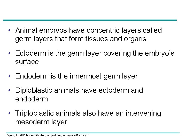  • Animal embryos have concentric layers called germ layers that form tissues and