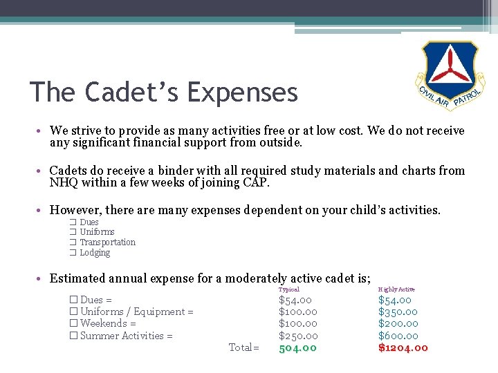 The Cadet’s Expenses • We strive to provide as many activities free or at