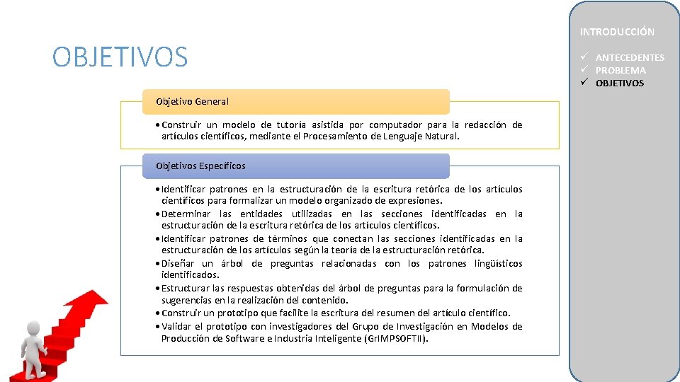 OBJETIVOS Objetivo General • Construir un modelo de tutoría asistida por computador para la