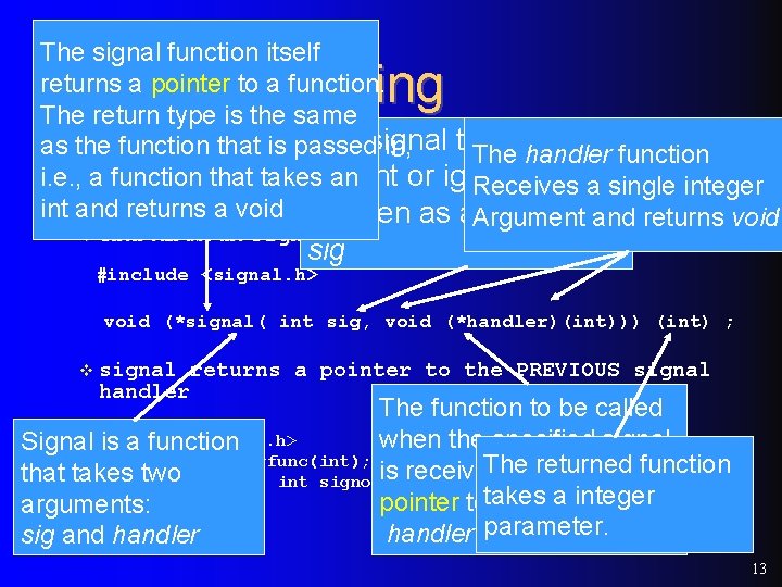 The signal function itself returns a pointer to a function. The return type is