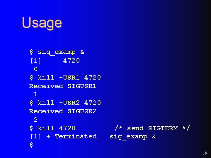 Usage $ sig_examp & [1] 4720 0 $ kill -USR 1 4720 Received SIGUSR