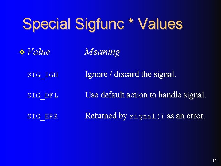 Special Sigfunc * Values v Value Meaning SIG_IGN Ignore / discard the signal. SIG_DFL