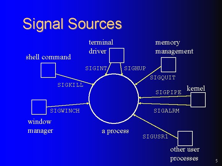 Signal Sources shell command terminal driver SIGINT memory management SIGHUP SIGQUIT SIGKILL SIGPIPE SIGWINCH