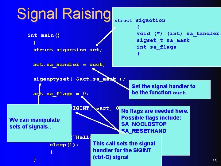 Signal Raising struct sigaction int main() { struct sigaction act; { void (*) (int)
