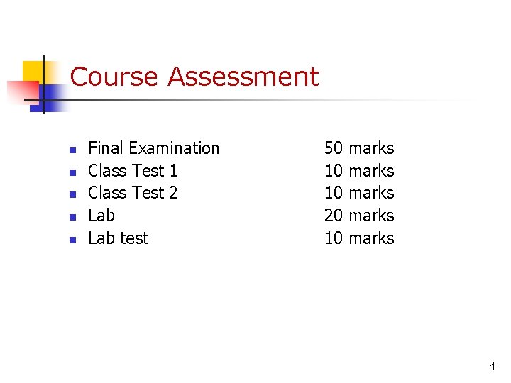 Course Assessment n n n Final Examination Class Test 1 Class Test 2 Lab