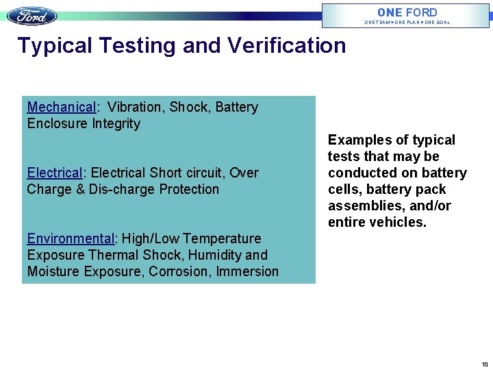 ONE FORD ONE TEAM ONE PLAN ONE GOAL Typical Testing and Verification Mechanical: Vibration,