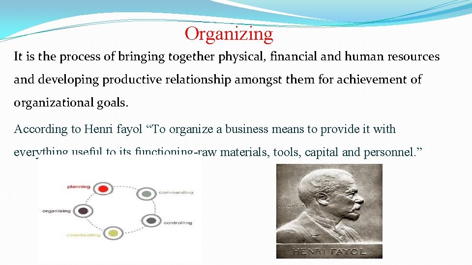 Organizing It is the process of bringing together physical, financial and human resources and