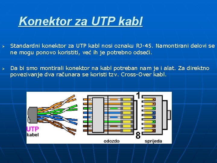 Konektor za UTP kabl Ø Ø Standardni konektor za UTP kabl nosi oznaku RJ-45.