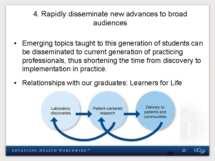 4. Rapidly disseminate new advances to broad audiences • Emerging topics taught to this