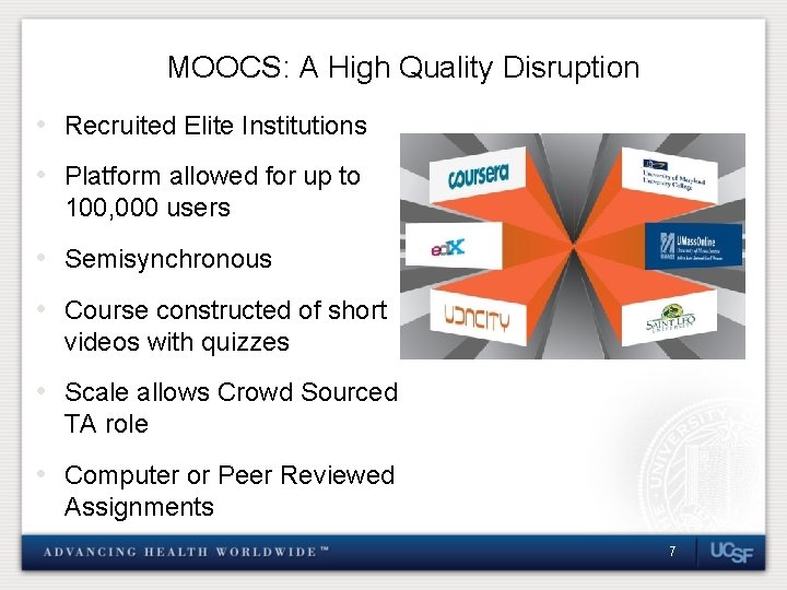 MOOCS: A High Quality Disruption • Recruited Elite Institutions • Platform allowed for up