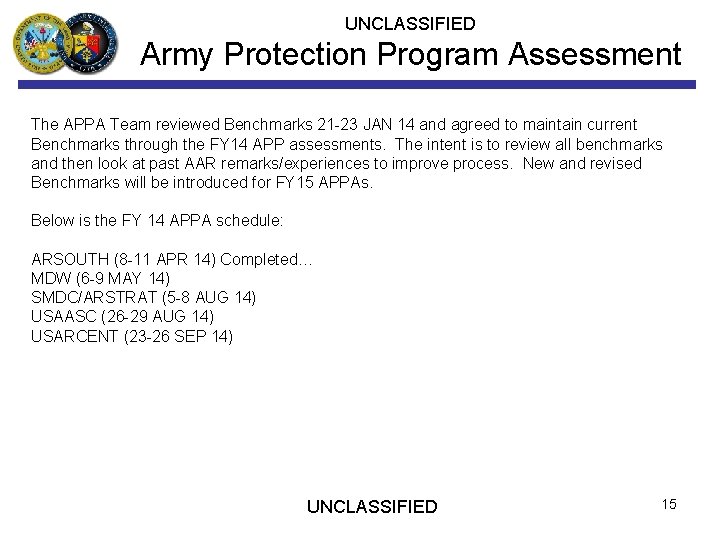 UNCLASSIFIED Army Protection Program Assessment The APPA Team reviewed Benchmarks 21 -23 JAN 14