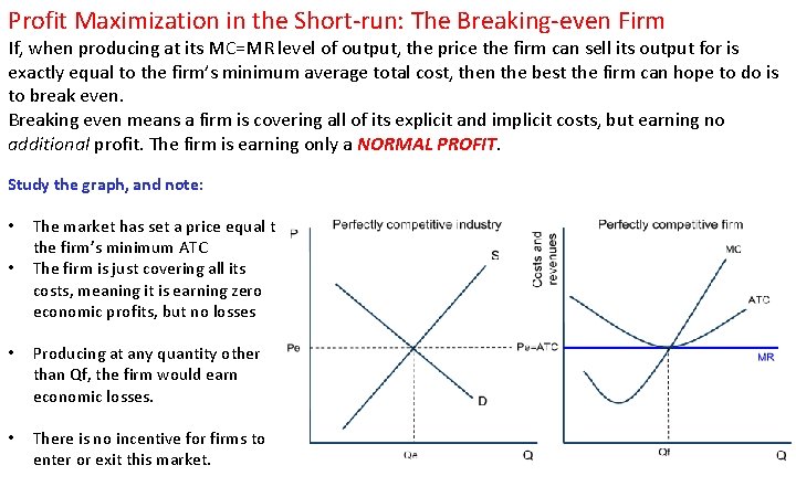 Profit Maximization in the Short-run: The Breaking-even Firm If, when producing at its MC=MR