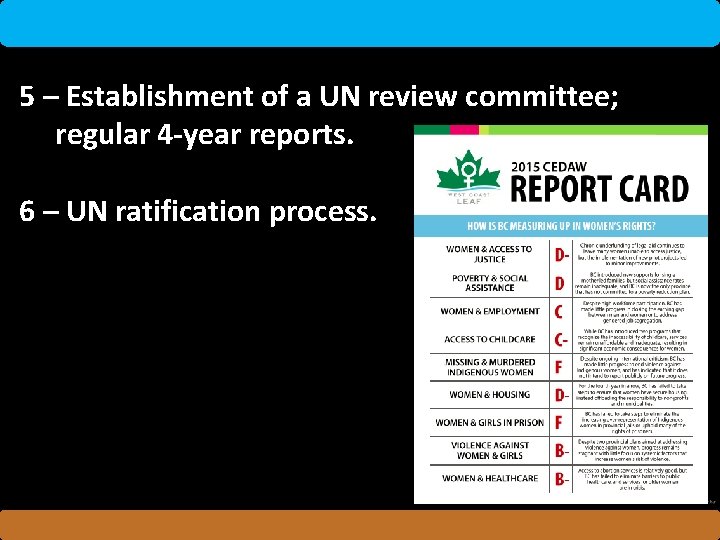 5 – Establishment of a UN review committee; regular 4 -year reports. 6 –