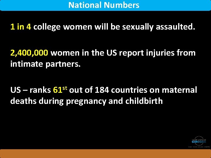 National Numbers 1 in 4 college women will be sexually assaulted. 2, 400, 000