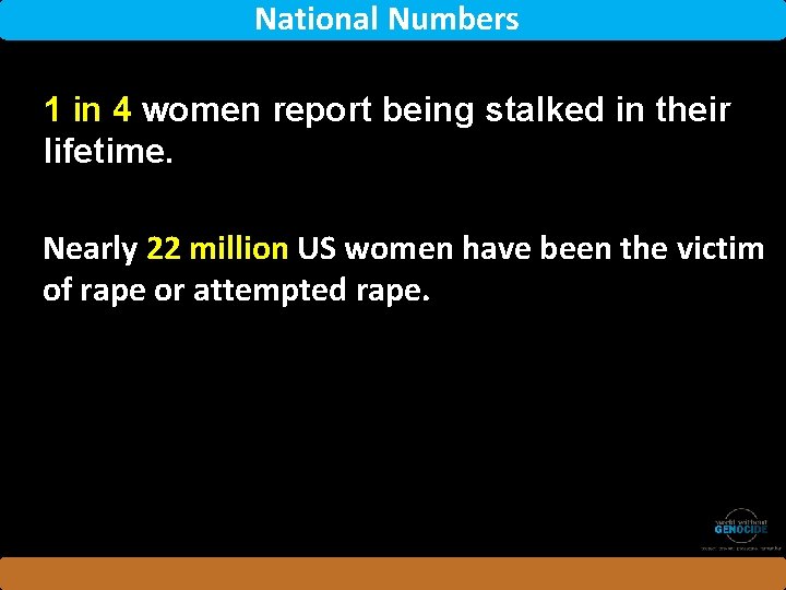 National Numbers 1 in 4 women report being stalked in their lifetime. Nearly 22
