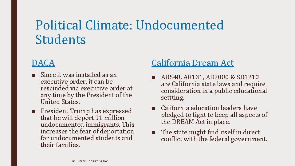 Political Climate: Undocumented Students DACA California Dream Act ■ Since it was installed as