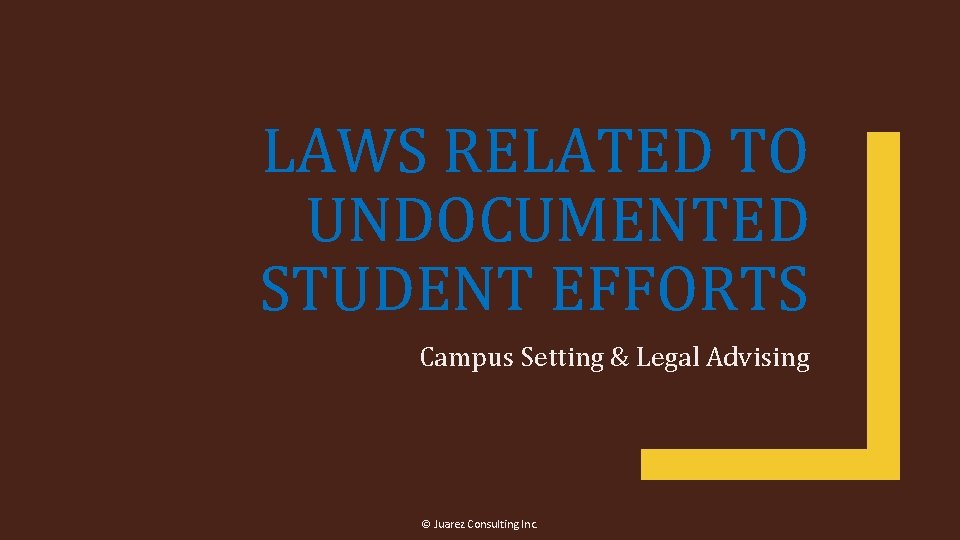 LAWS RELATED TO UNDOCUMENTED STUDENT EFFORTS Campus Setting & Legal Advising © Juarez Consulting