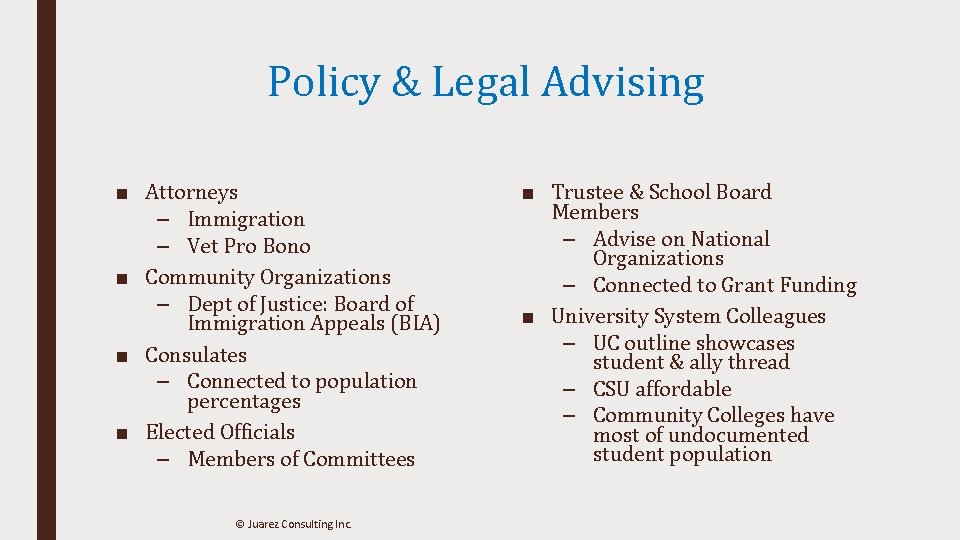 Policy & Legal Advising ■ Attorneys – Immigration – Vet Pro Bono ■ Community