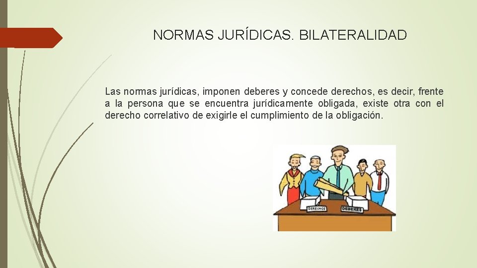 NORMAS JURÍDICAS. BILATERALIDAD Las normas jurídicas, imponen deberes y concede derechos, es decir, frente