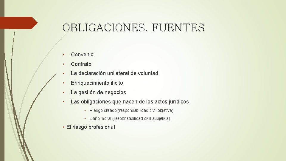 OBLIGACIONES. FUENTES • Convenio • Contrato • La declaración unilateral de voluntad • Enriquecimiento