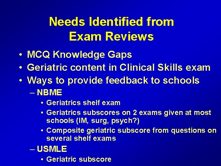 Needs Identified from Exam Reviews • MCQ Knowledge Gaps • Geriatric content in Clinical